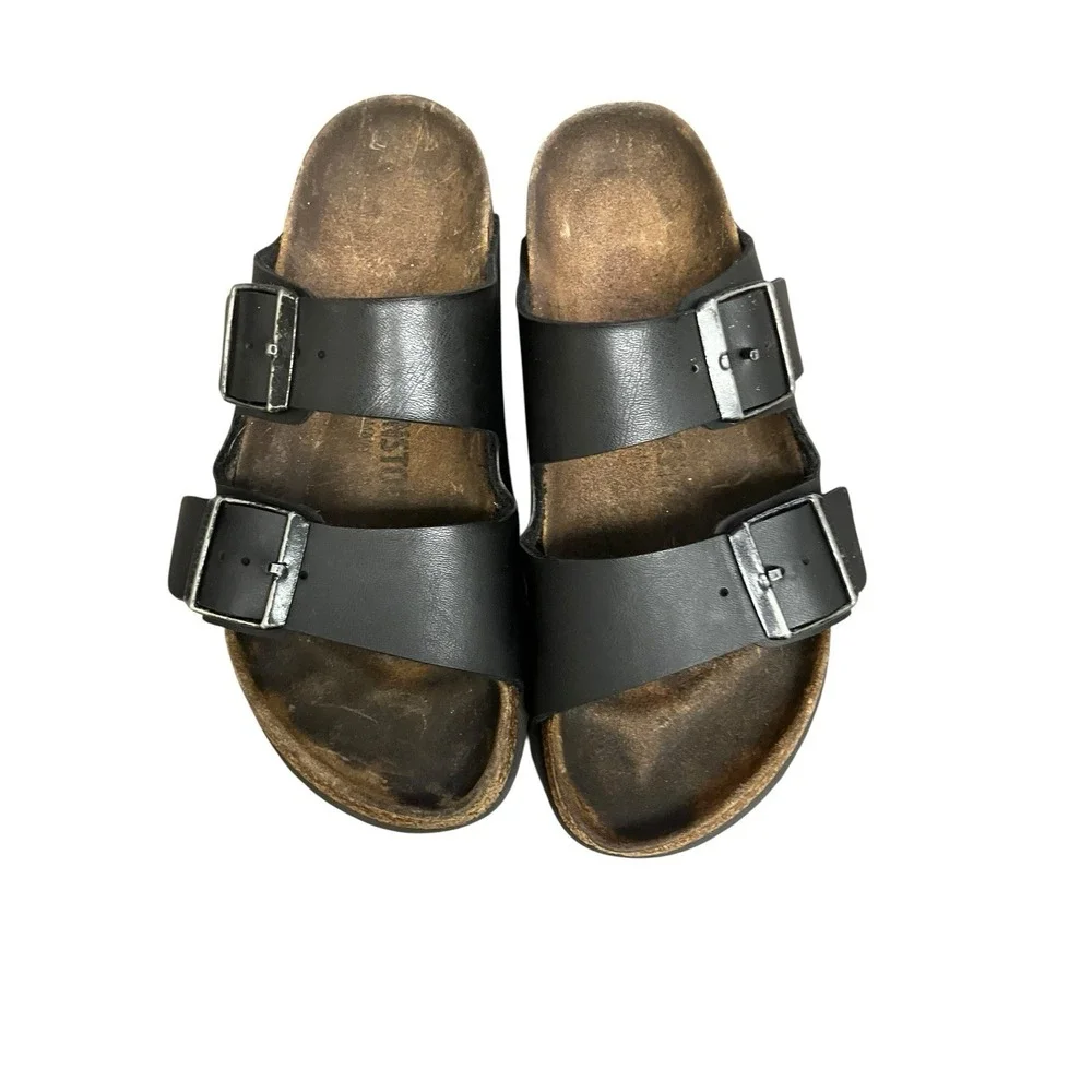Birkenstock Arizona Black Leather Silver Buckle Comfort Slide Sandals  8-8.5 /39